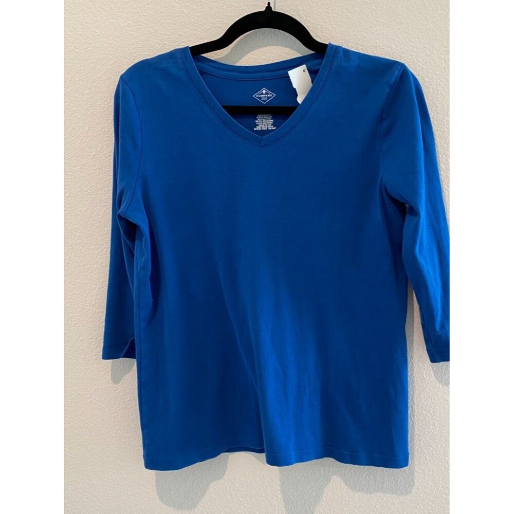 St Johns Bay Women 3/4 Sleeve V-Neck Top Royal Blue Medium Cotton
